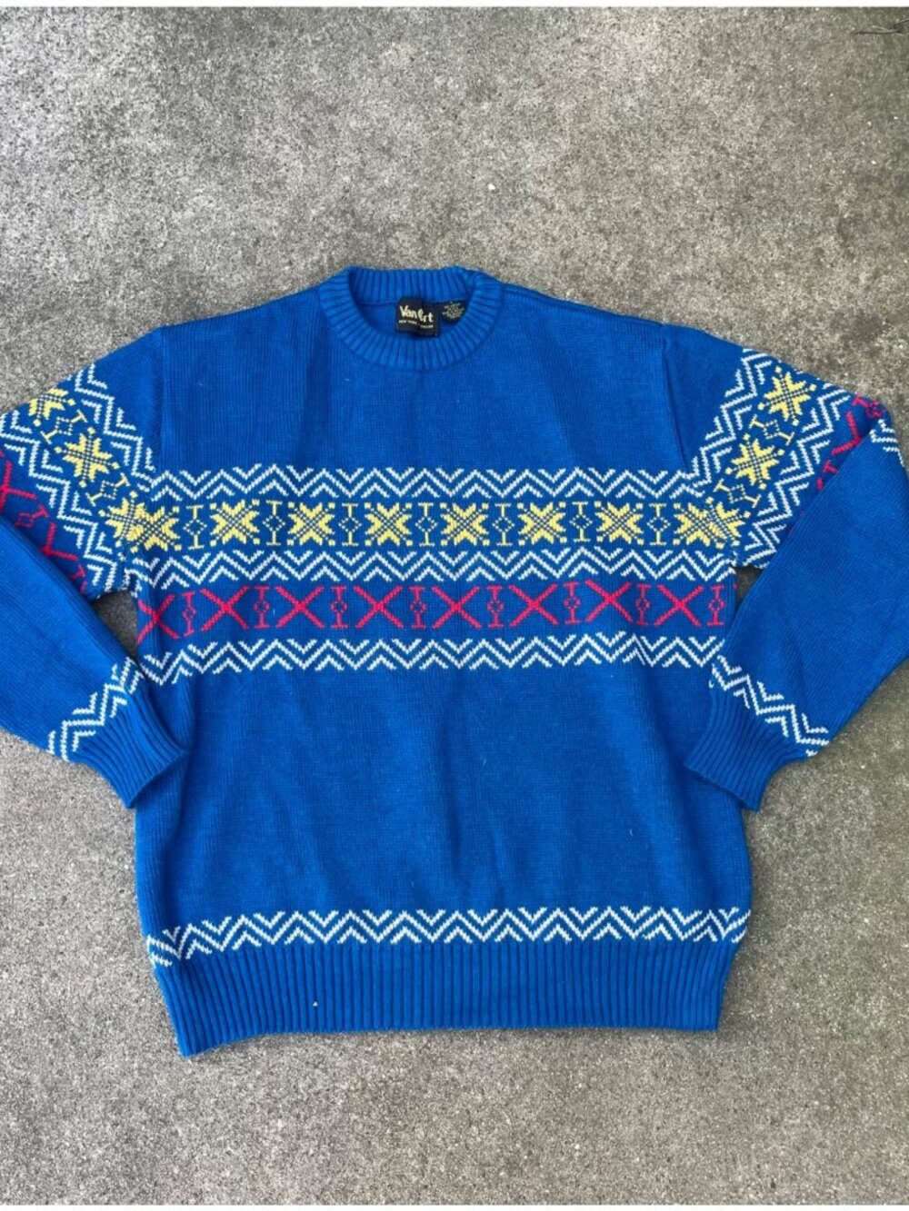 Vintage 70s 80s Van Cort Sweater Mens L Blue Red Fair Isle Sexy Professor Grunge